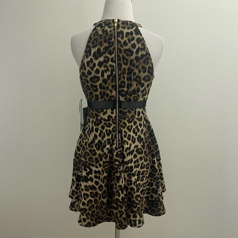 NORDSTROM LEOPARD PRINT BLACK MESH DETAIL FITTED STRECH A-LINE MINI DRESS - Picture 7 of 10